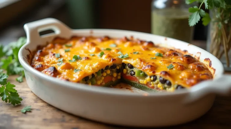A freshly baked vegetarian casserole in a white ceramic baking dish, topped with melted golden cheese, colorful layers of vegetables like zucchini, bell peppers, corn, and black beans visible inside. The dish is placed on a rustic wooden table with a serving spoon and garnished with fresh parsley. Warm, natural lighting with a cozy kitchen background.