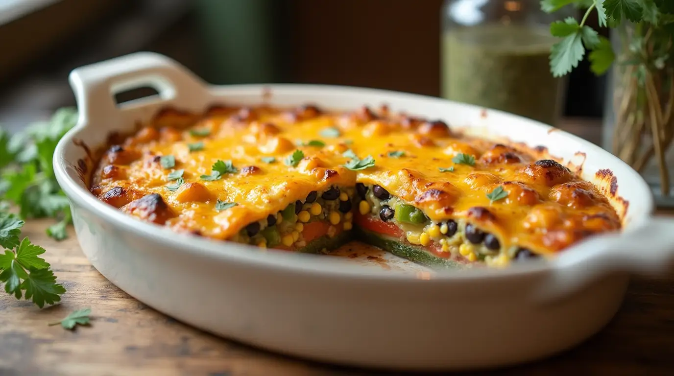 A freshly baked vegetarian casserole in a white ceramic baking dish, topped with melted golden cheese, colorful layers of vegetables like zucchini, bell peppers, corn, and black beans visible inside. The dish is placed on a rustic wooden table with a serving spoon and garnished with fresh parsley. Warm, natural lighting with a cozy kitchen background.